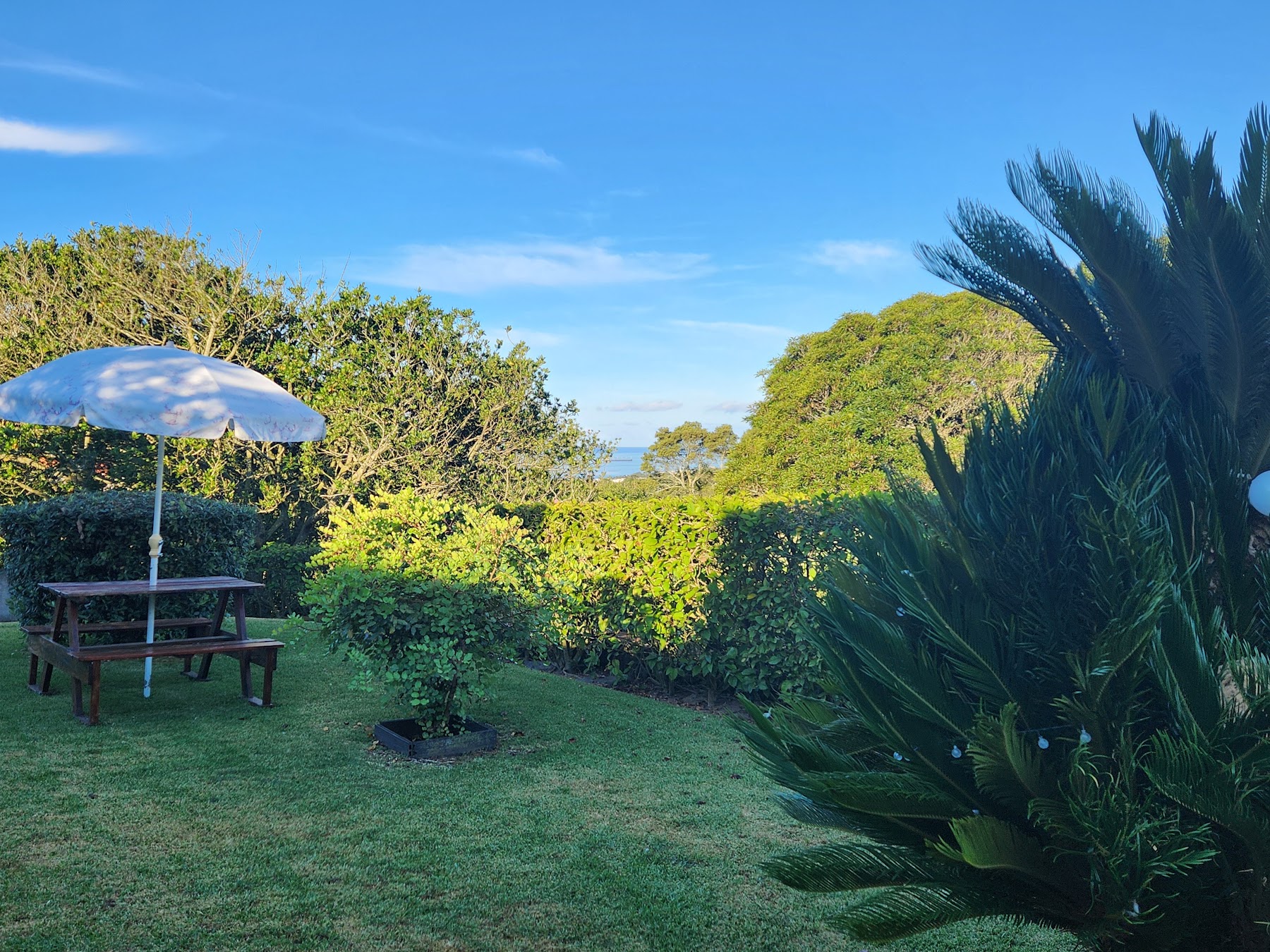 Garden seating area with a partial distant water view through the trees